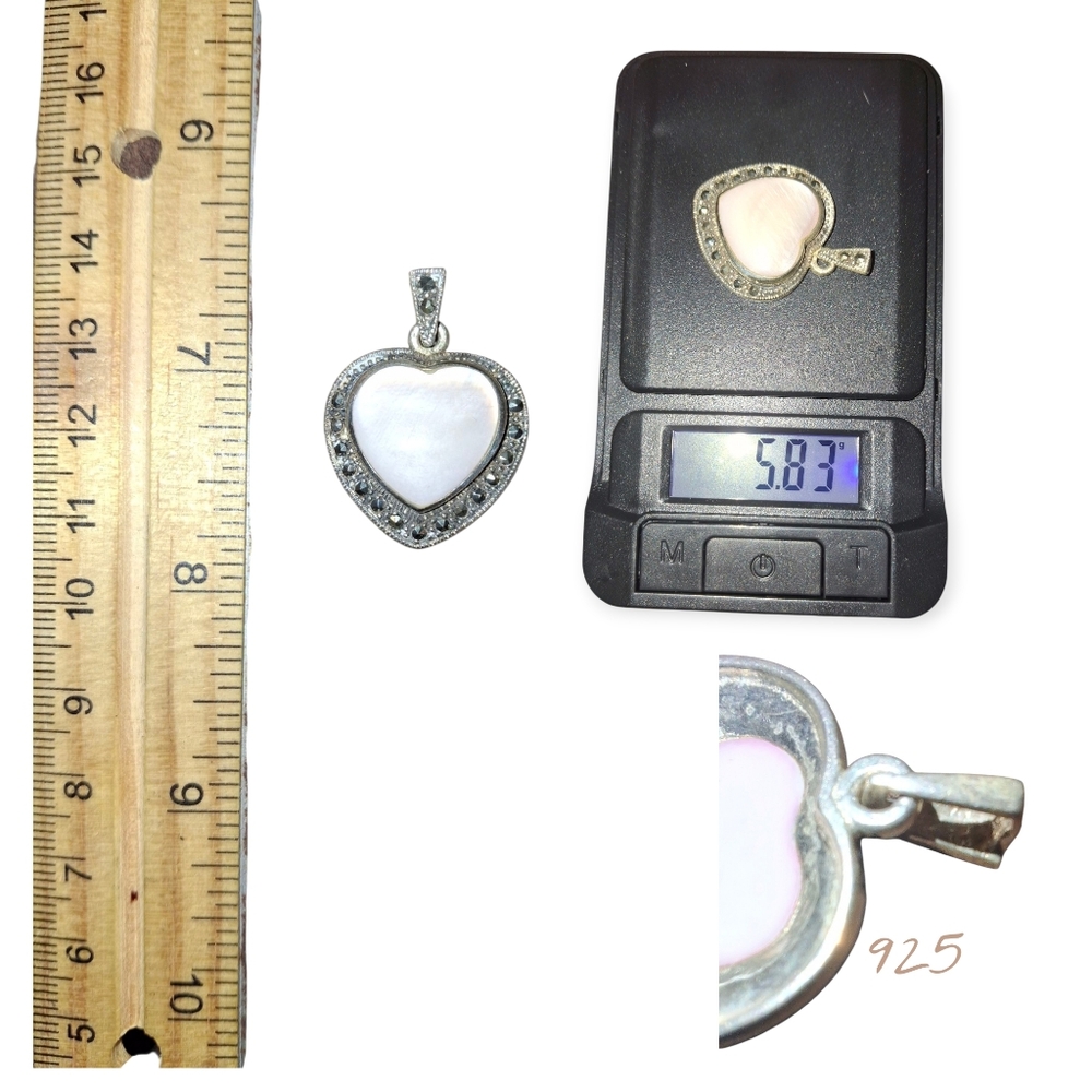 925 sterling silver Signed pendant, heart Mother Of Pearl Marcasite Gemstone - Picture 3 of 4